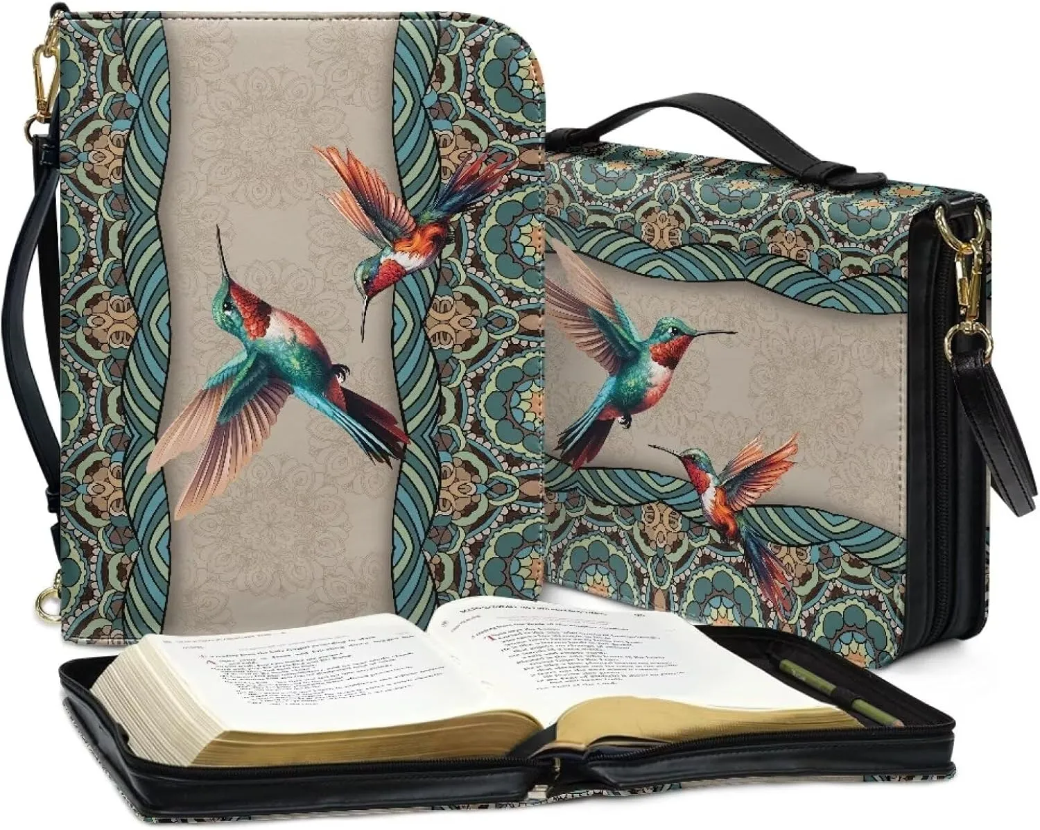 Talayituse Boho Mandala Hummingbird Print Bible Cover for Men Women, PU Leather Bible Carrying Case with Adjustable Shoulder Strap, Waterproof Bible Bags Scripture Bag Church Bag for Bible Study, L