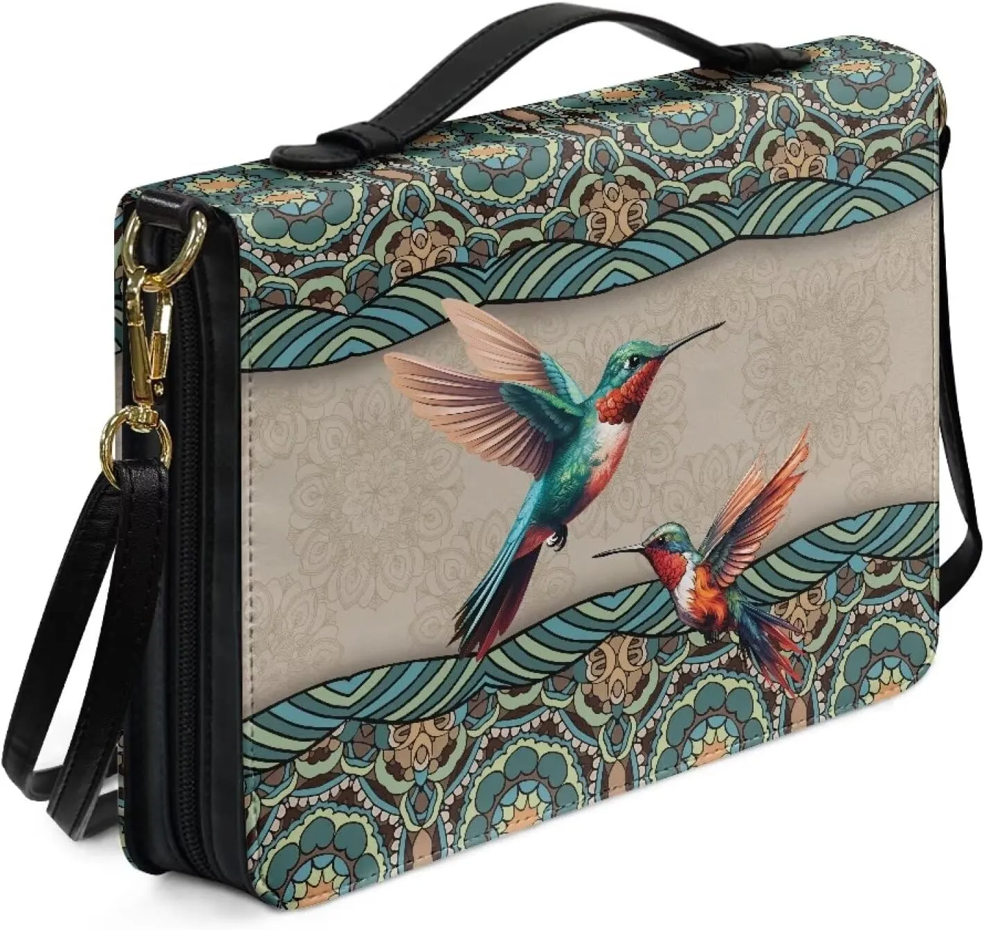 Talayituse Boho Mandala Hummingbird Print Bible Cover for Men Women, PU Leather Bible Carrying Case with Adjustable Shoulder Strap, Waterproof Bible Bags Scripture Bag Church Bag for Bible Study, L
