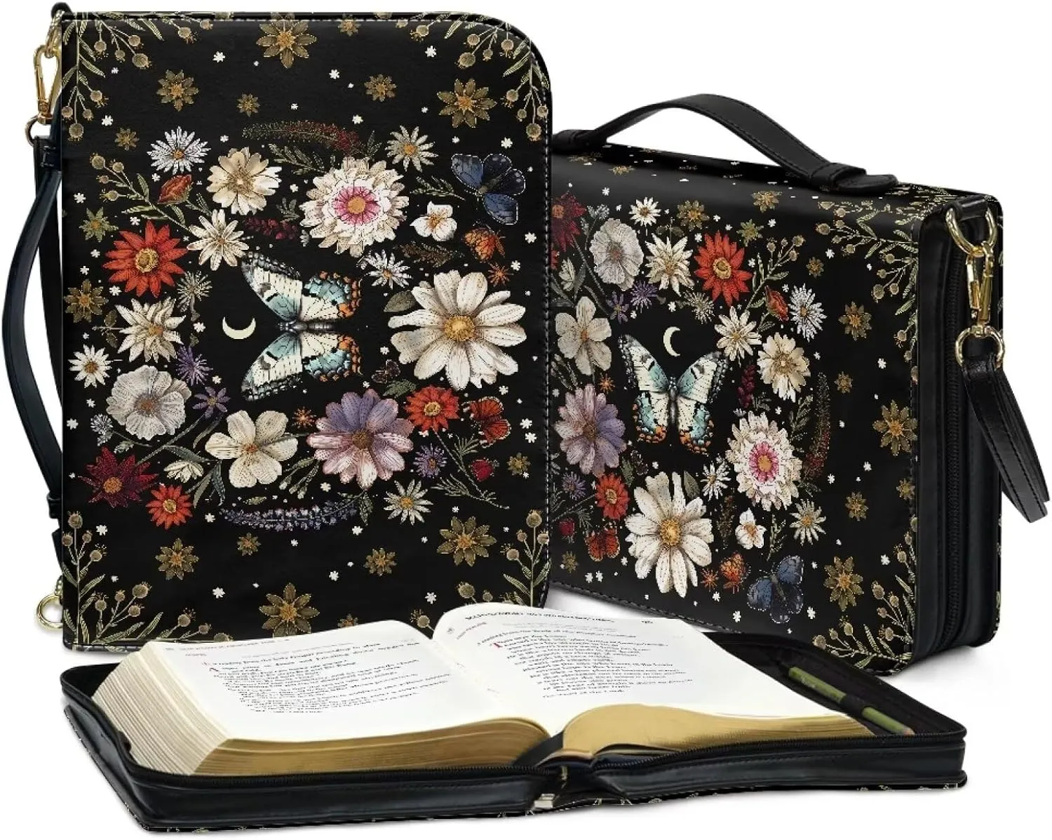 Talayituse Butterfly Daisy Moon Pattern PU Leather Bible Cover with Handle, Waterproof Bible Case Tote Bag Portable Study Bag Bible Carrying Case Crossbody Bag with Shoulder Stap for Women Men, L