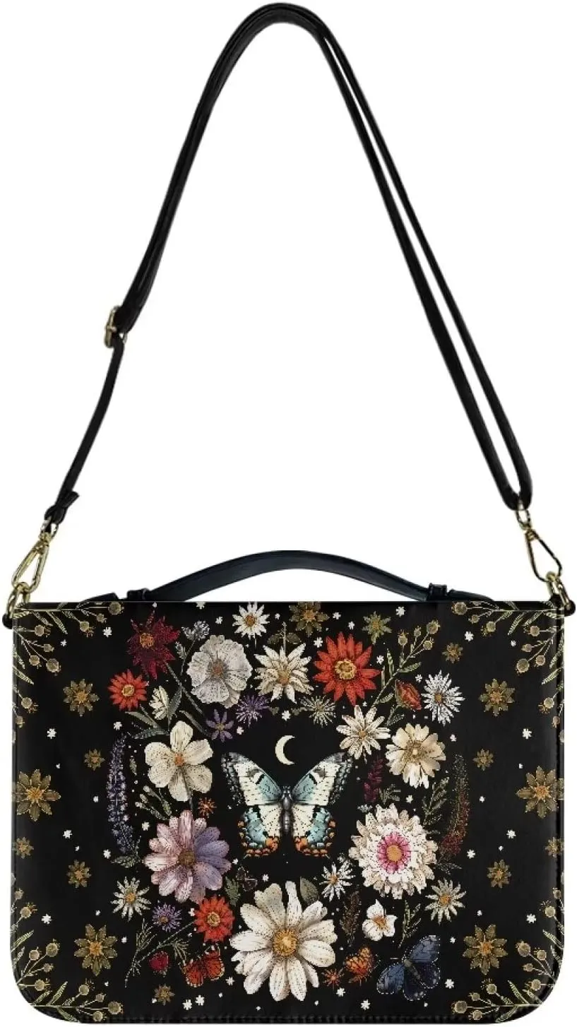 Talayituse Butterfly Daisy Moon Pattern PU Leather Bible Cover with Handle, Waterproof Bible Case Tote Bag Portable Study Bag Bible Carrying Case Crossbody Bag with Shoulder Stap for Women Men, L