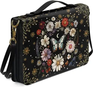 Talayituse Butterfly Daisy Moon Pattern PU Leather Bible Cover with Handle, Waterproof Bible Case Tote Bag Portable Study Bag Bible Carrying Case Crossbody Bag with Shoulder Stap for Women Men, L