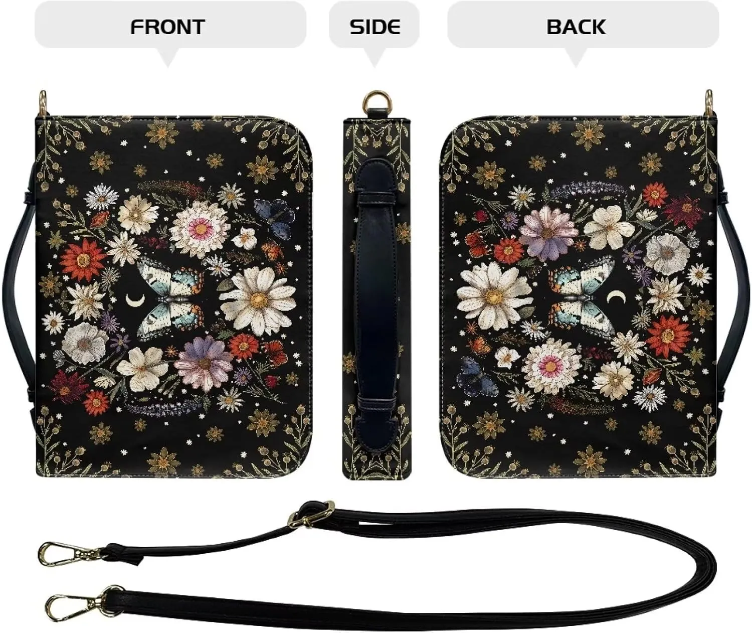 Talayituse Butterfly Daisy Moon Pattern PU Leather Bible Cover with Handle, Waterproof Bible Case Tote Bag Portable Study Bag Bible Carrying Case Crossbody Bag with Shoulder Stap for Women Men, L