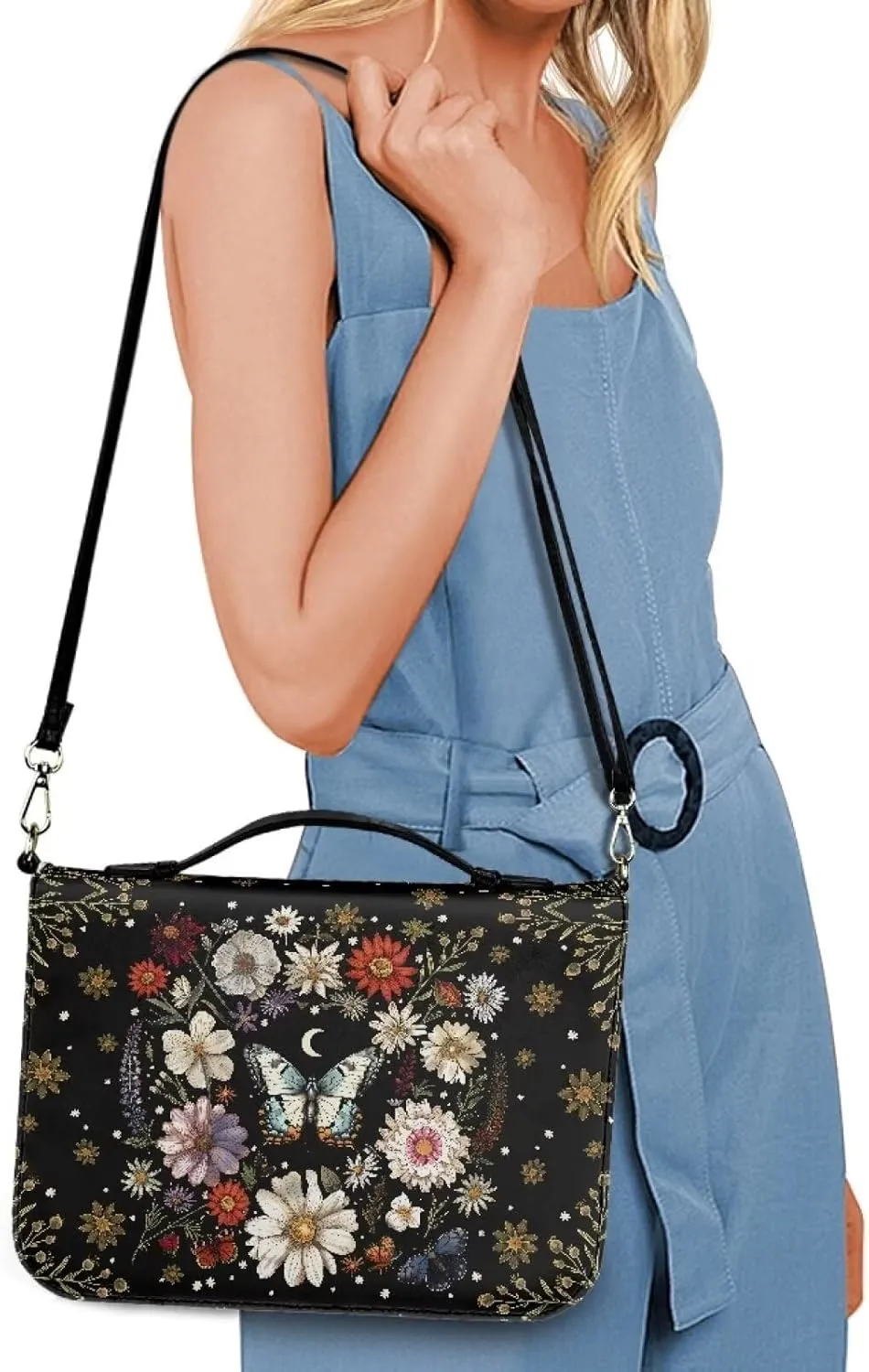 Talayituse Butterfly Daisy Moon Pattern PU Leather Bible Cover with Handle, Waterproof Bible Case Tote Bag Portable Study Bag Bible Carrying Case Crossbody Bag with Shoulder Stap for Women Men, L