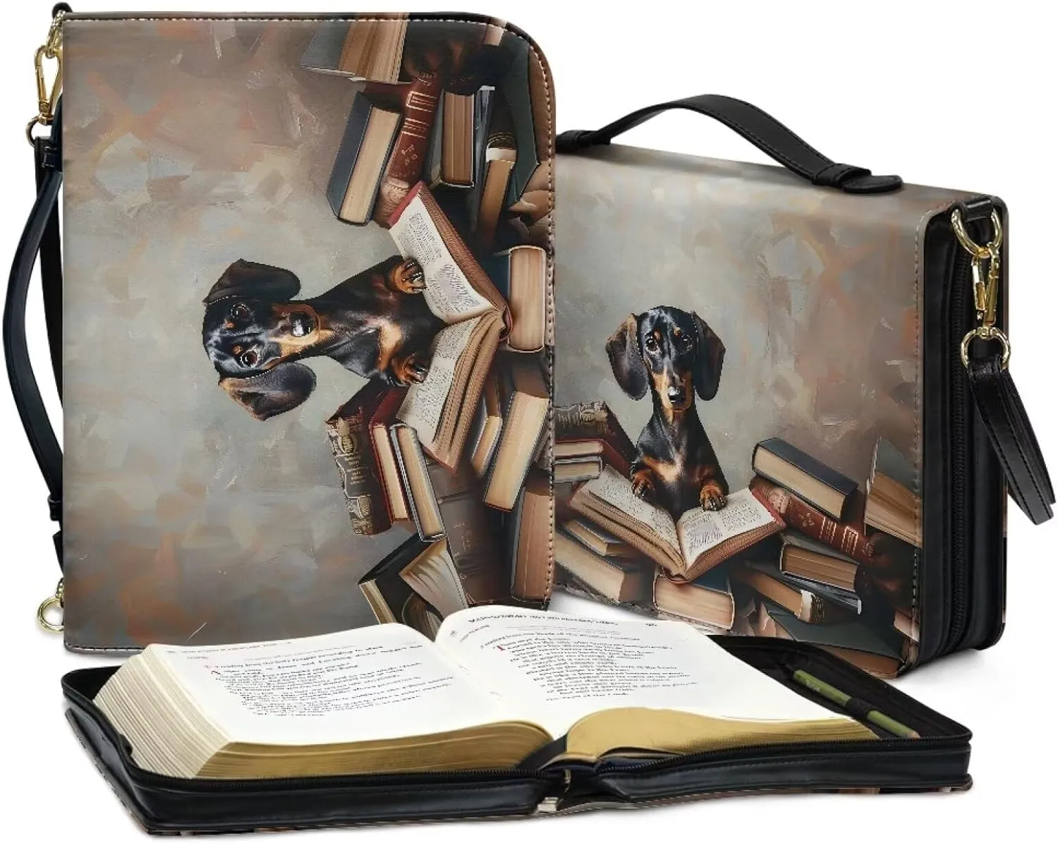 Talayituse Dachshund Book Pattern Bible Case Covers PU Leather Bible Carrying Holder Bag with Handle and Adjustable Shoulder Strap Lightweight Crossbody Bag Study Bible Case for Women Girls, L