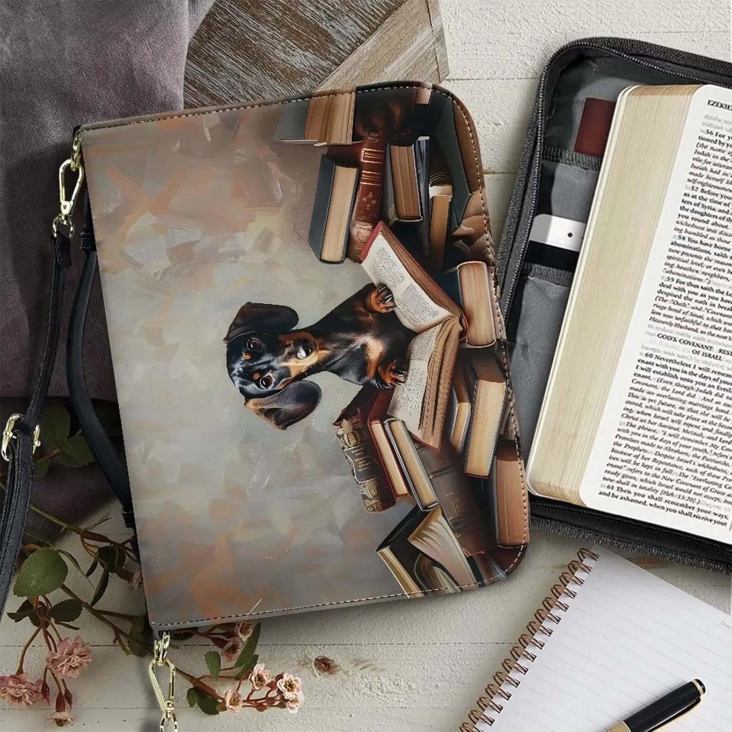 Talayituse Dachshund Book Pattern Bible Case Covers PU Leather Bible Carrying Holder Bag with Handle and Adjustable Shoulder Strap Lightweight Crossbody Bag Study Bible Case for Women Girls, L