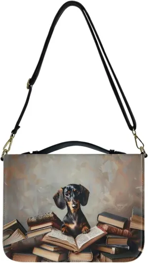 Talayituse Dachshund Book Pattern Bible Case Covers PU Leather Bible Carrying Holder Bag with Handle and Adjustable Shoulder Strap Lightweight Crossbody Bag Study Bible Case for Women Girls, L