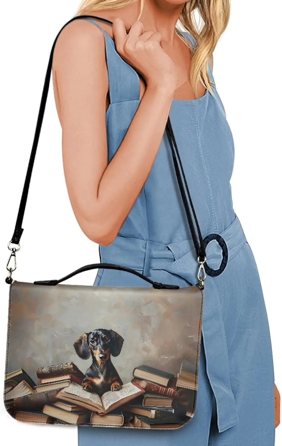 Talayituse Dachshund Book Pattern Bible Case Covers PU Leather Bible Carrying Holder Bag with Handle and Adjustable Shoulder Strap Lightweight Crossbody Bag Study Bible Case for Women Girls, L