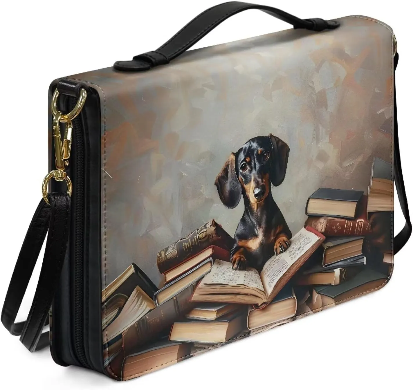 Talayituse Dachshund Book Pattern Bible Case Covers PU Leather Bible Carrying Holder Bag with Handle and Adjustable Shoulder Strap Lightweight Crossbody Bag Study Bible Case for Women Girls, L