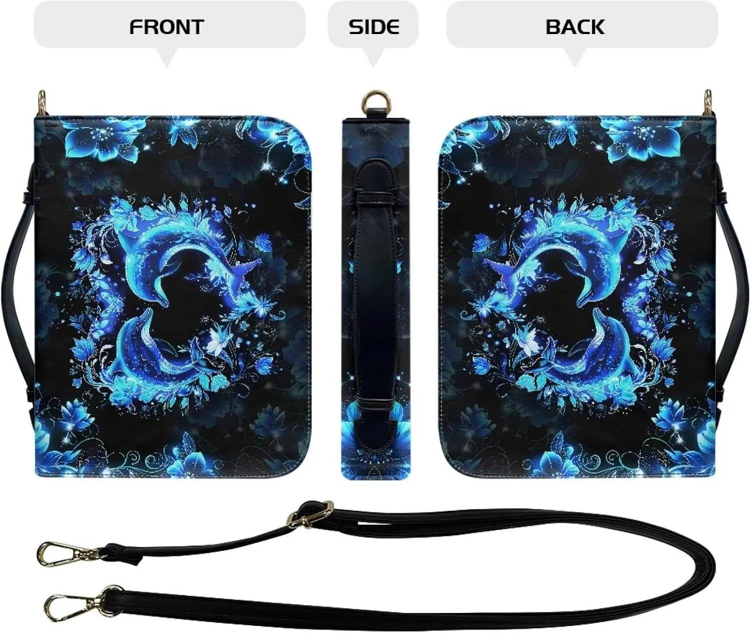 Talayituse Dolphin Heart Flower Print Bible Covers with Shoulder Strap PU Leather Durable Bible Case for Women Men Bible Bag Tote Book Carrying Case Christian Bible Accessories with Handle, 2XL