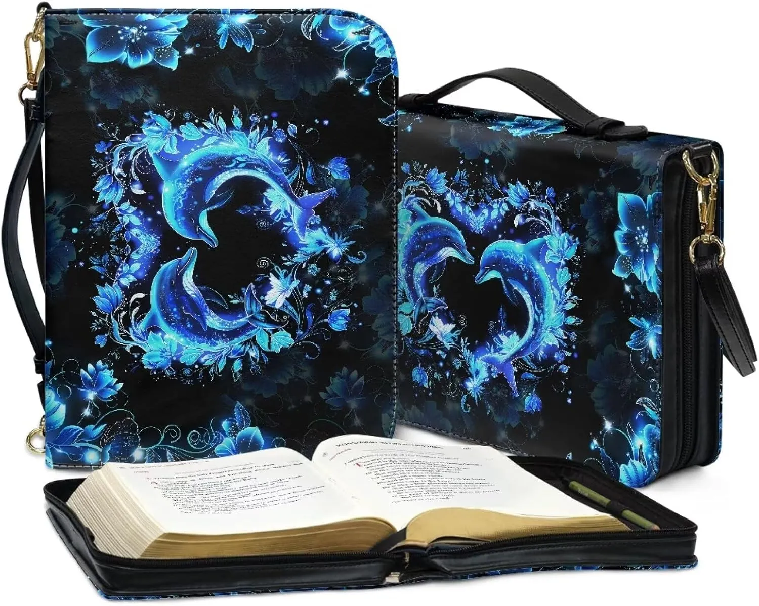 Talayituse Dolphin Heart Flower Print Bible Covers with Shoulder Strap PU Leather Durable Bible Case for Women Men Bible Bag Tote Book Carrying Case Christian Bible Accessories with Handle, 2XL