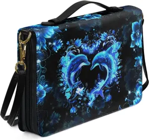 Talayituse Dolphin Heart Flower Print Bible Covers with Shoulder Strap PU Leather Durable Bible Case for Women Men Bible Bag Tote Book Carrying Case Christian Bible Accessories with Handle, 2XL