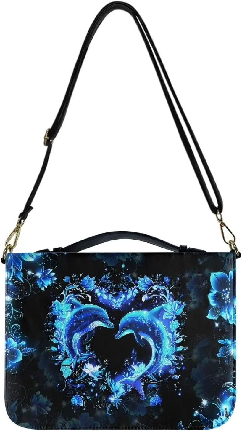 Talayituse Dolphin Heart Flower Print Bible Covers with Shoulder Strap PU Leather Durable Bible Case for Women Men Bible Bag Tote Book Carrying Case Christian Bible Accessories with Handle, 2XL