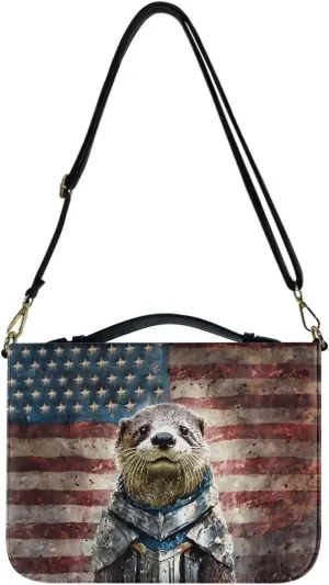 Talayituse Knight Otter Pattern Faux Leather Bible Cover for Women Men Grunge American Flag Bible Case Bible Carrying Case with Shoulder Strap, Multifunctional Bible Bag for Bible Study/Daily Use, L