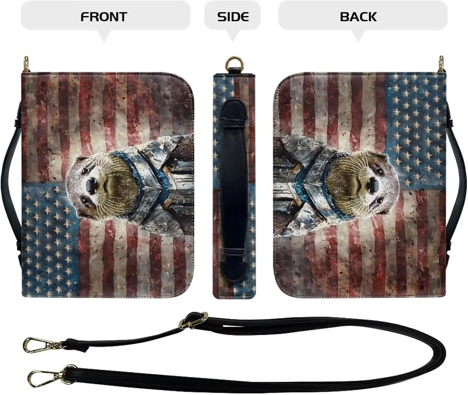 Talayituse Knight Otter Pattern Faux Leather Bible Cover for Women Men Grunge American Flag Bible Case Bible Carrying Case with Shoulder Strap, Multifunctional Bible Bag for Bible Study/Daily Use, L