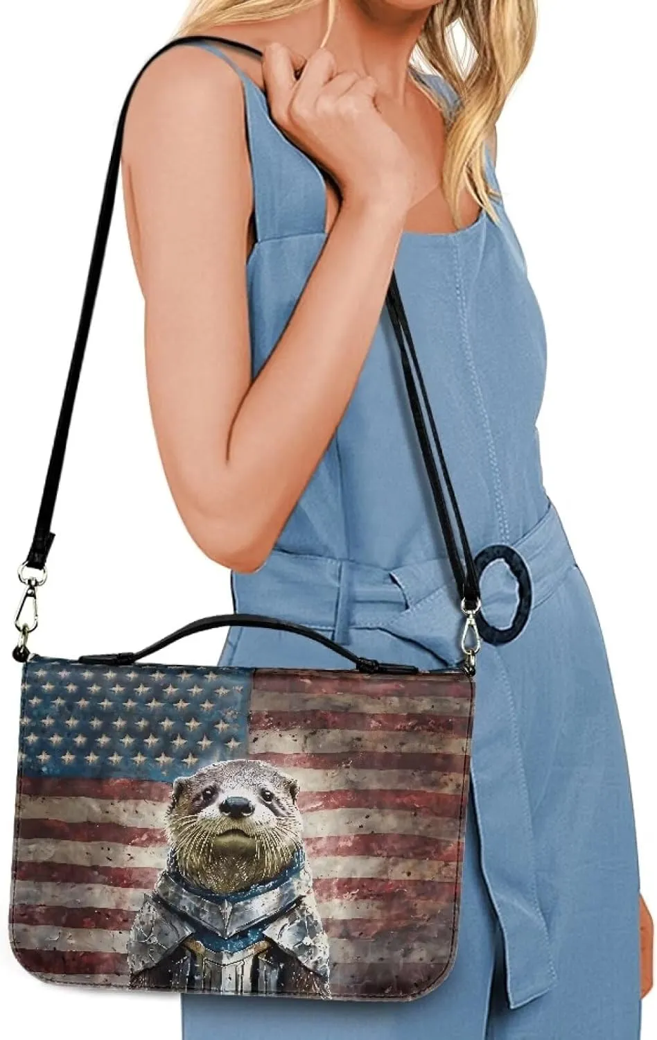 Talayituse Knight Otter Pattern Faux Leather Bible Cover for Women Men Grunge American Flag Bible Case Bible Carrying Case with Shoulder Strap, Multifunctional Bible Bag for Bible Study/Daily Use, L