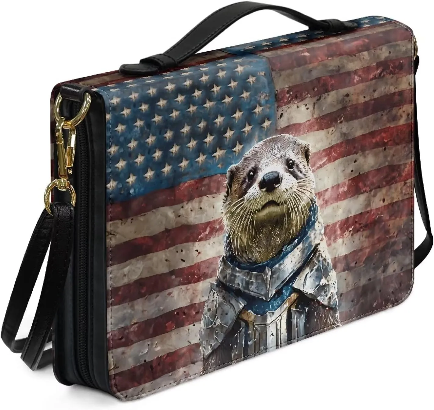 Talayituse Knight Otter Pattern Faux Leather Bible Cover for Women Men Grunge American Flag Bible Case Bible Carrying Case with Shoulder Strap, Multifunctional Bible Bag for Bible Study/Daily Use, L