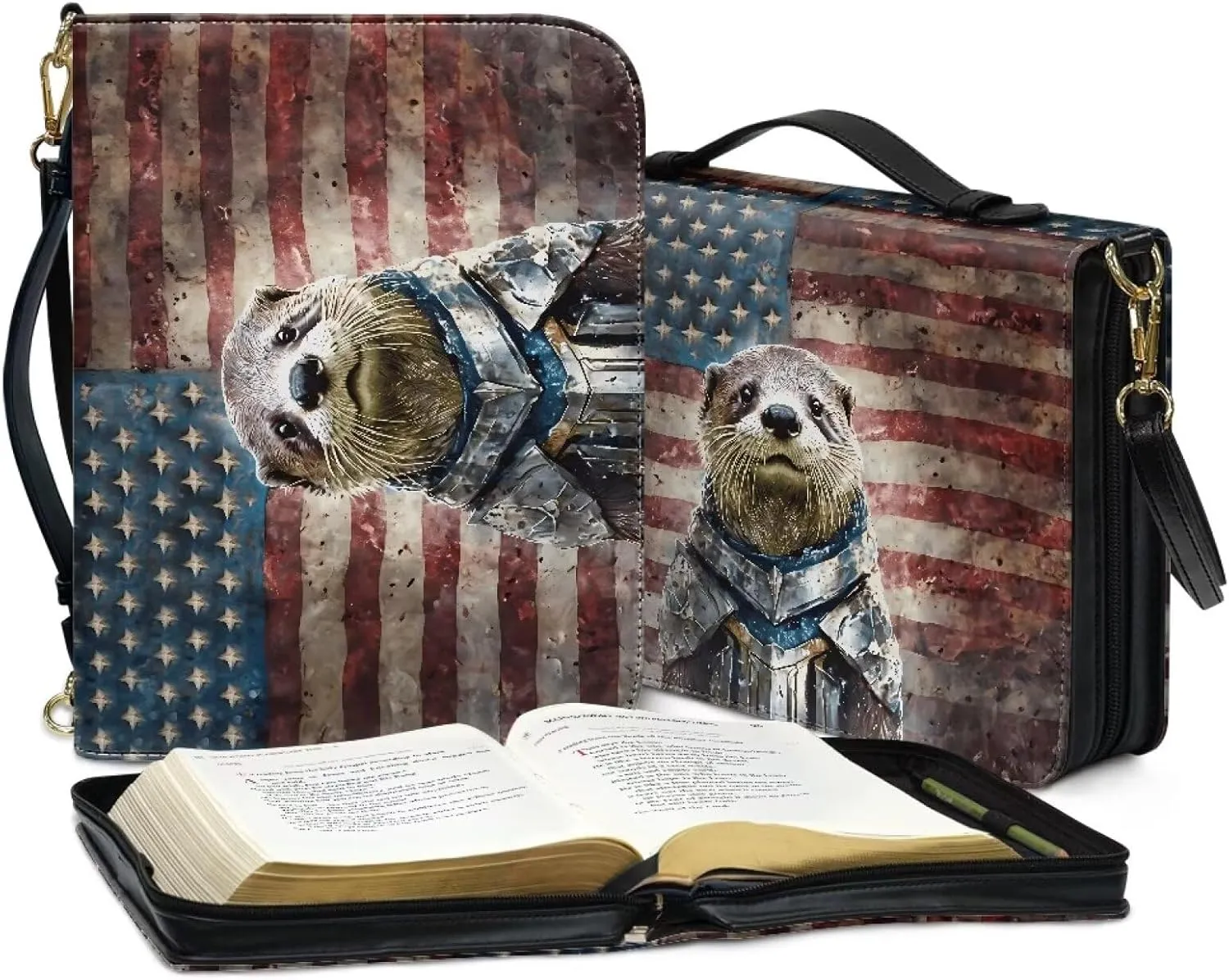Talayituse Knight Otter Pattern Faux Leather Bible Cover for Women Men Grunge American Flag Bible Case Bible Carrying Case with Shoulder Strap, Multifunctional Bible Bag for Bible Study/Daily Use, L