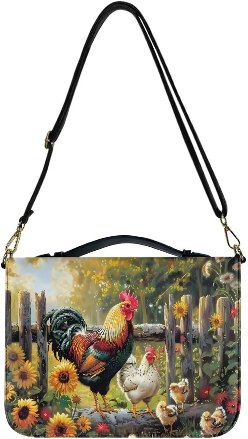 Talayituse Rooster Chicken Sunflower Print PU Leather Bible Case Tote Bag with Handle and Shoulder Strap, Waterproof Book Carrying Case