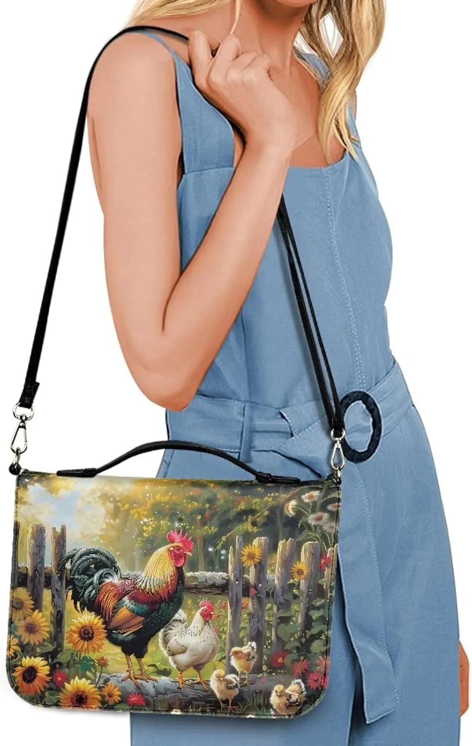 Talayituse Rooster Chicken Sunflower Print PU Leather Bible Case Tote Bag with Handle and Shoulder Strap, Waterproof Book Carrying Case