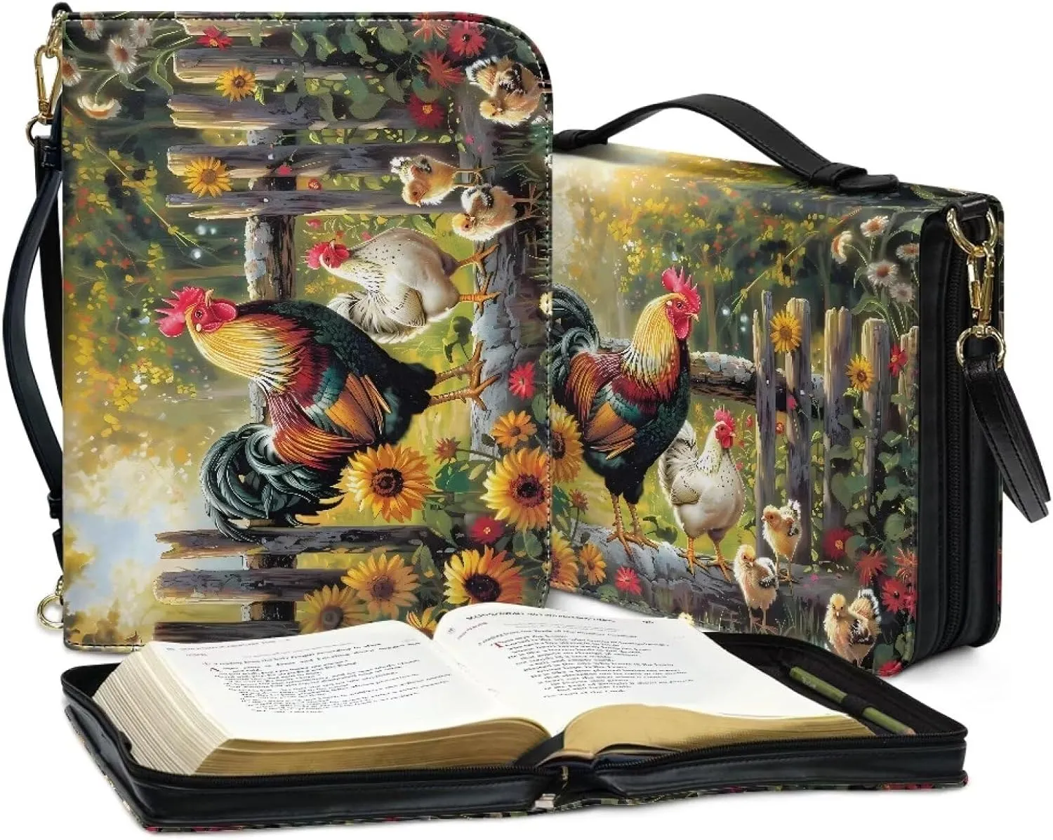 Talayituse Rooster Chicken Sunflower Print PU Leather Bible Case Tote Bag with Handle and Shoulder Strap, Waterproof Book Carrying Case