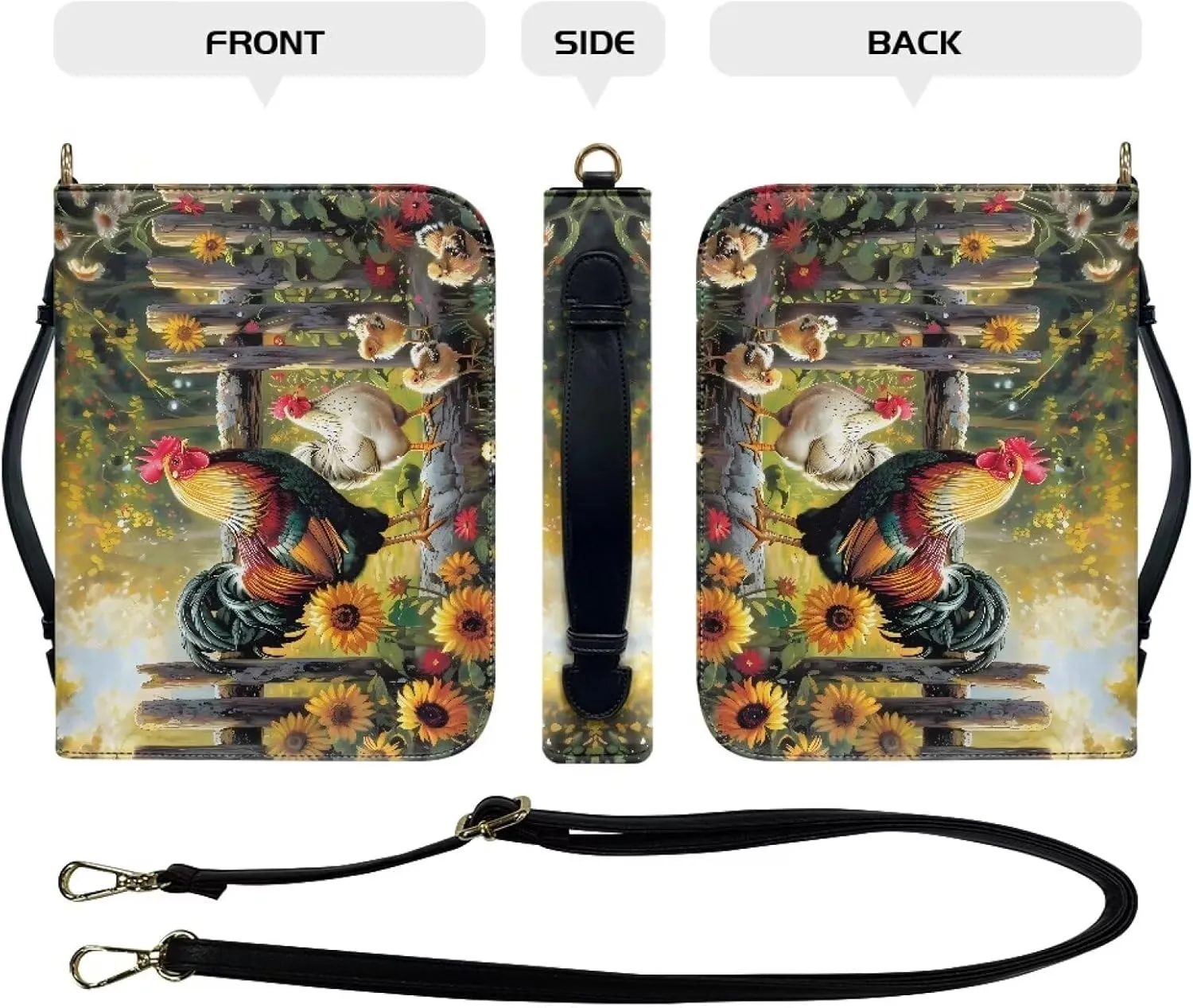 Talayituse Rooster Chicken Sunflower Print PU Leather Bible Case Tote Bag with Handle and Shoulder Strap, Waterproof Book Carrying Case