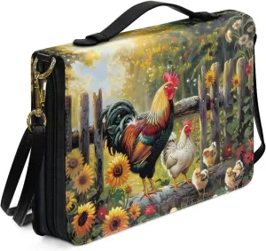 Talayituse Rooster Chicken Sunflower Print PU Leather Bible Case Tote Bag with Handle and Shoulder Strap, Waterproof Book Carrying Case