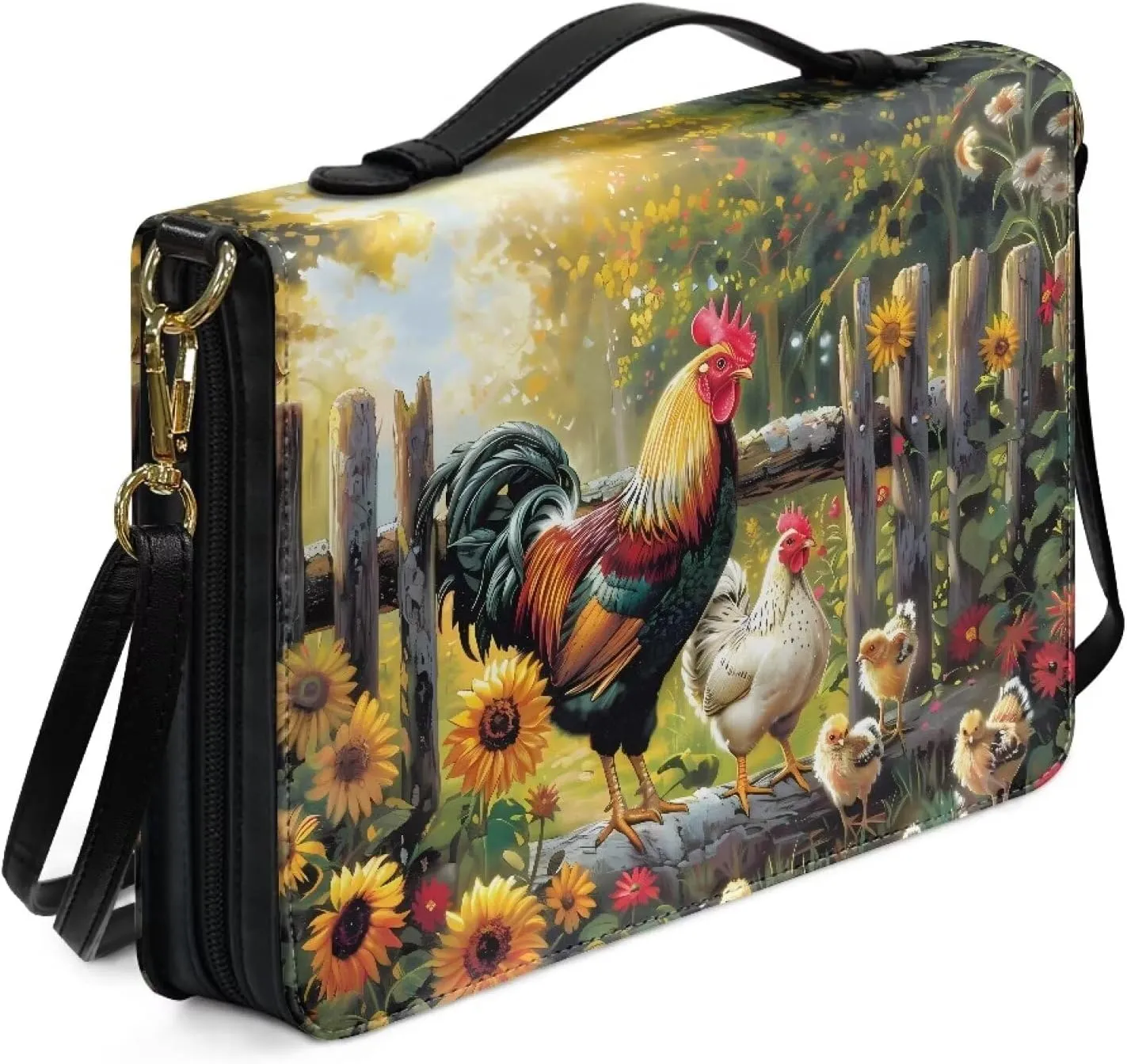 Talayituse Rooster Chicken Sunflower Print PU Leather Bible Case Tote Bag with Handle and Shoulder Strap, Waterproof Book Carrying Case