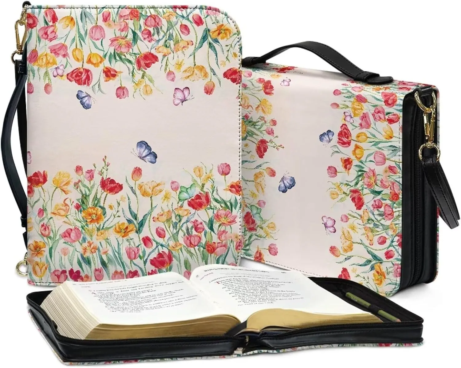 Talayituse Tulip Butterfly Pattern Bible Cover for Women Men, Multifunctional Bible Bags with Shoulder Strap, PU Leather Bible Case Book Cover Tote Bag Bible Accessories with Handle, L