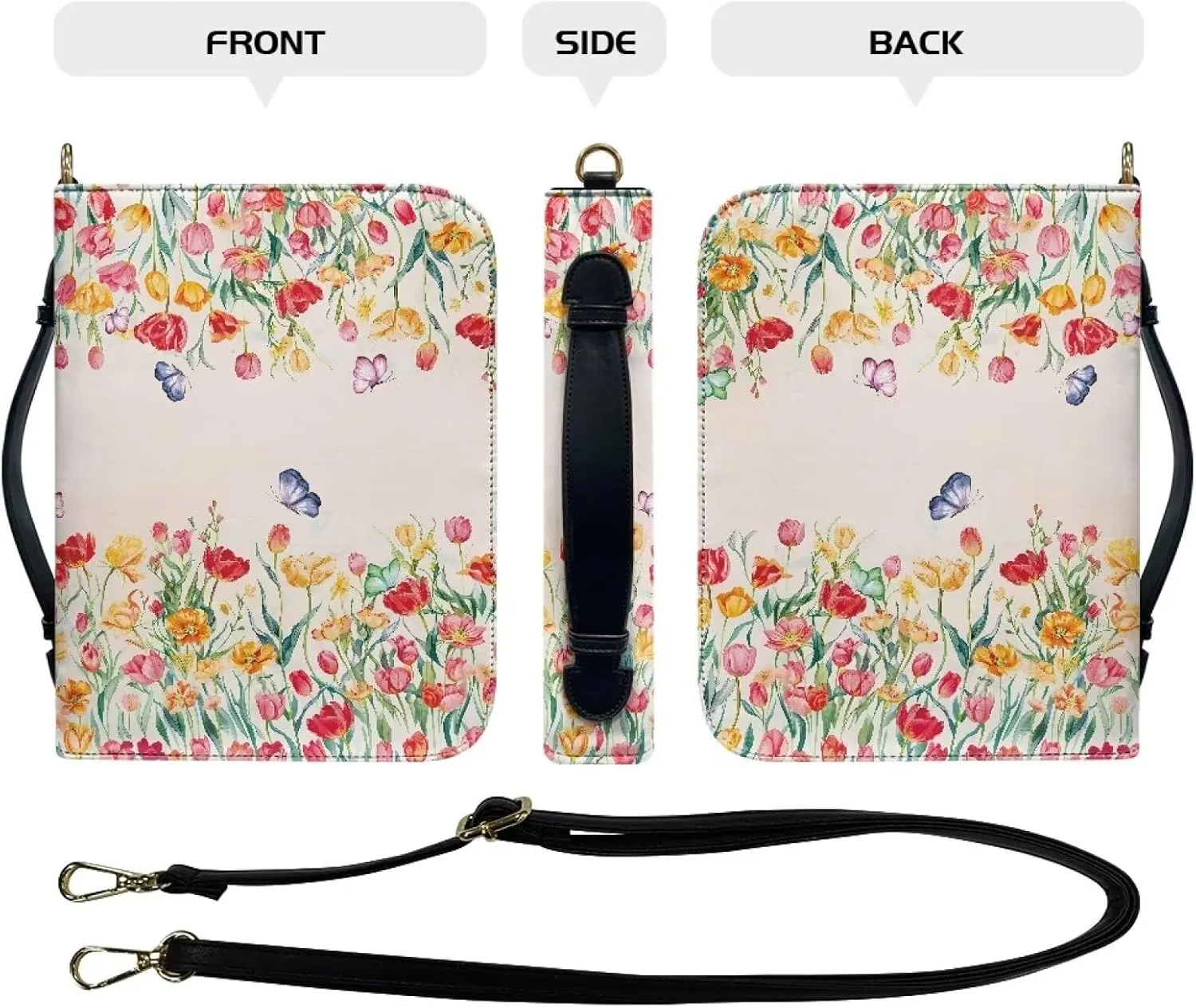 Talayituse Tulip Butterfly Pattern Bible Cover for Women Men, Multifunctional Bible Bags with Shoulder Strap, PU Leather Bible Case Book Cover Tote Bag Bible Accessories with Handle, L