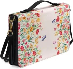 Talayituse Tulip Butterfly Pattern Bible Cover for Women Men, Multifunctional Bible Bags with Shoulder Strap, PU Leather Bible Case Book Cover Tote Bag Bible Accessories with Handle, L