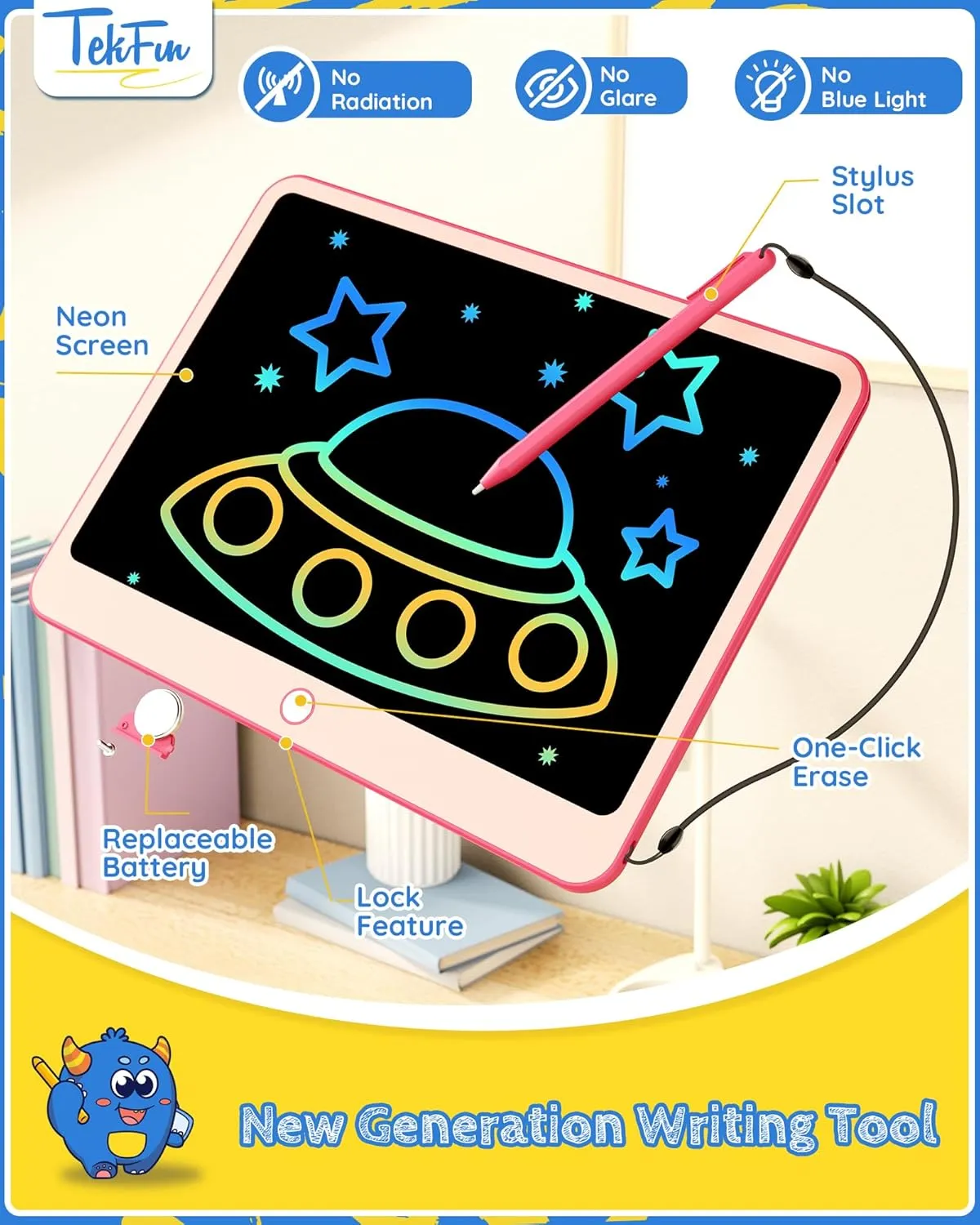TEKFUN Kids Toys Gifts for 3  Years Old Boys Girls Toddler, 12inch LCD Writing Tablet Erasable Drawing Tablet Writing Pads, Kids Travel Toys Boys Girls Birthday Gifts Age 3 4 5 6 7 (Pink)