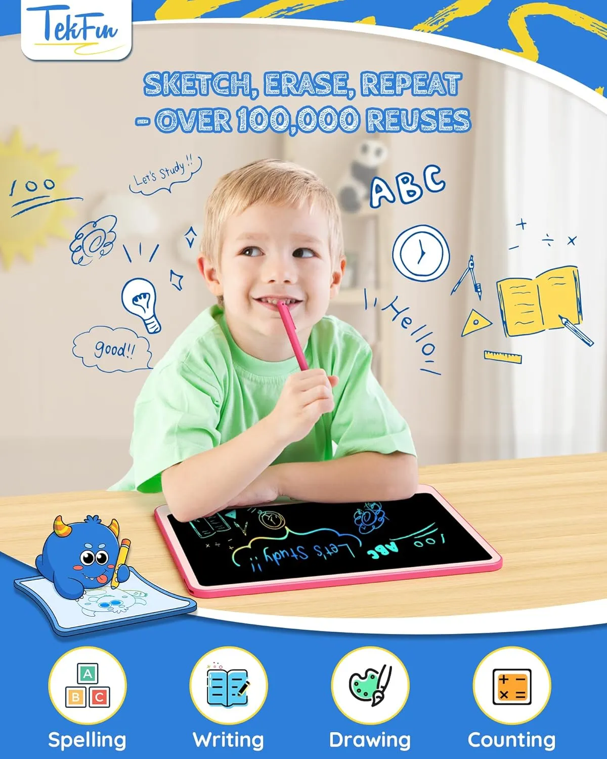 TEKFUN Kids Toys Gifts for 3  Years Old Boys Girls Toddler, 12inch LCD Writing Tablet Erasable Drawing Tablet Writing Pads, Kids Travel Toys Boys Girls Birthday Gifts Age 3 4 5 6 7 (Pink)
