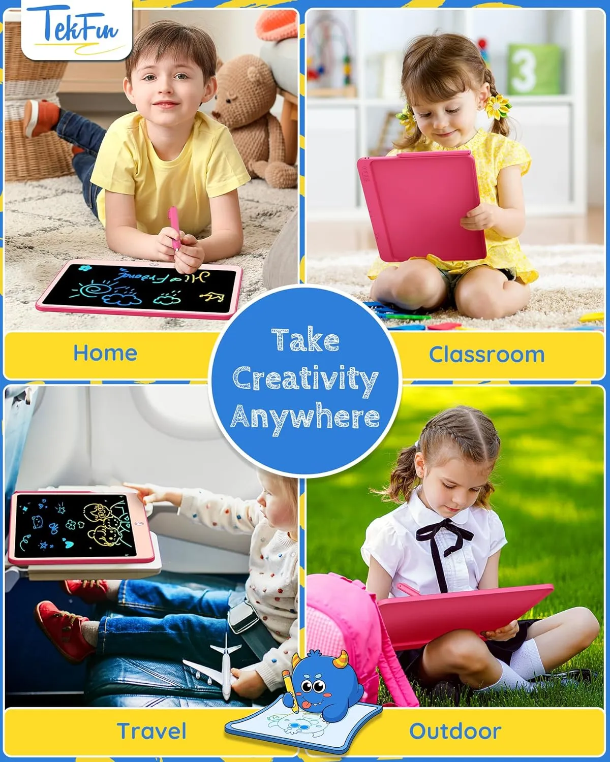 TEKFUN Kids Toys Gifts for 3  Years Old Boys Girls Toddler, 12inch LCD Writing Tablet Erasable Drawing Tablet Writing Pads, Kids Travel Toys Boys Girls Birthday Gifts Age 3 4 5 6 7 (Pink)