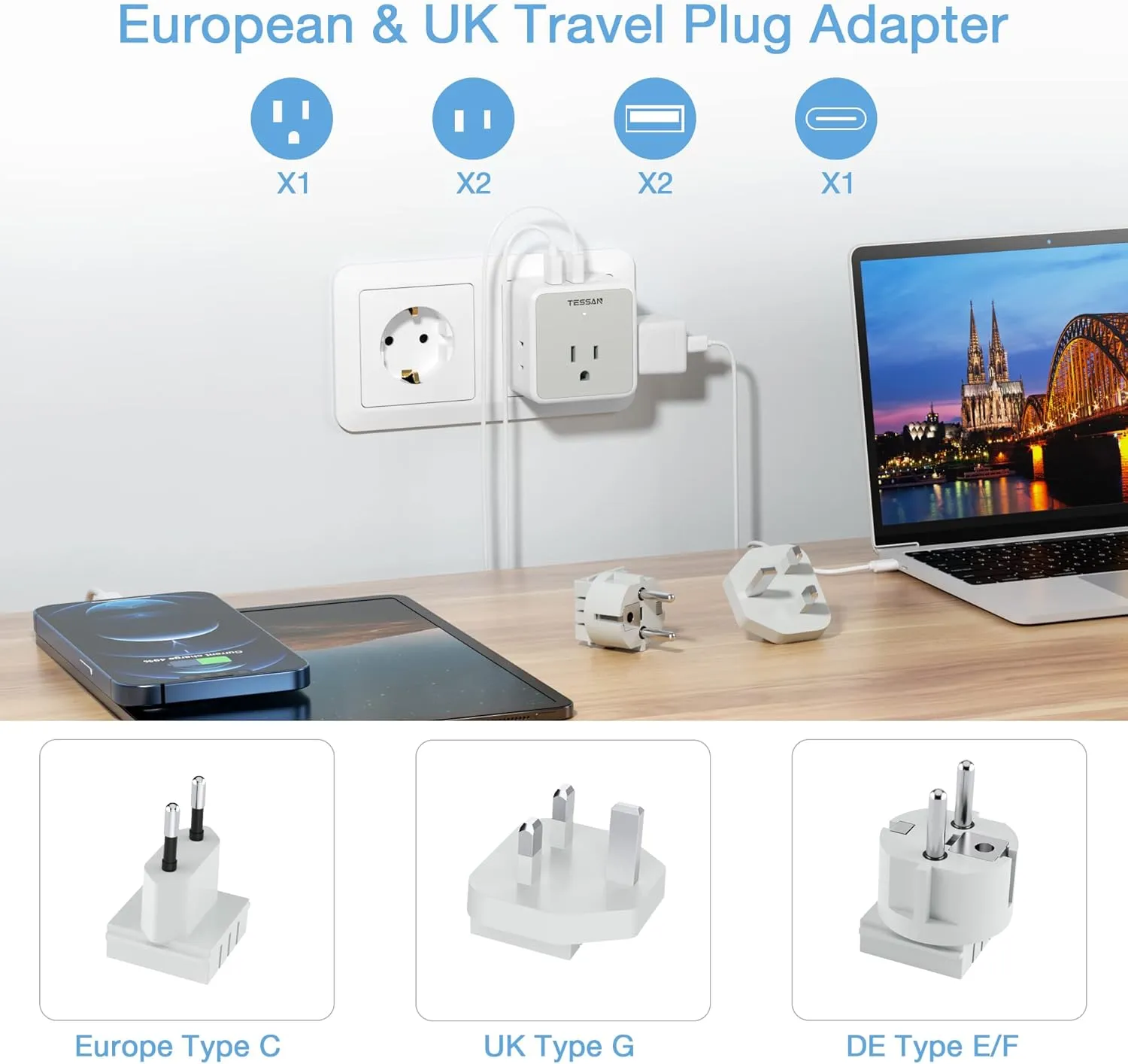 TESSAN All European UK Travel Plug Adapter Kit, International Detachable with 3 Outlet 3 USB Charger (1 USB C), Type C/G/E/F EU Ireland Power Adaptor, US to Europe Italy Spain France Greece