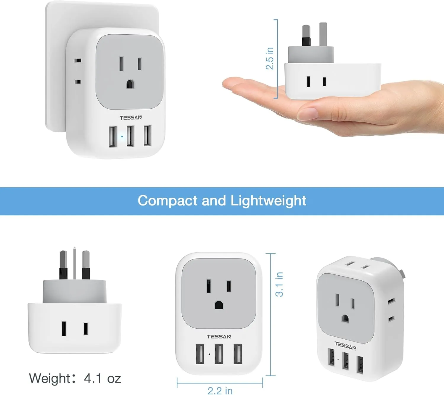 TESSAN Australia Power Plug Adapter, US to New Zealand Power Adapter with 4 American Outlets 3 USB Charger, Type I Travel Adaptor for USA to Australian, China, AU, Argentina, Fiji, Cook Islands, Samoa