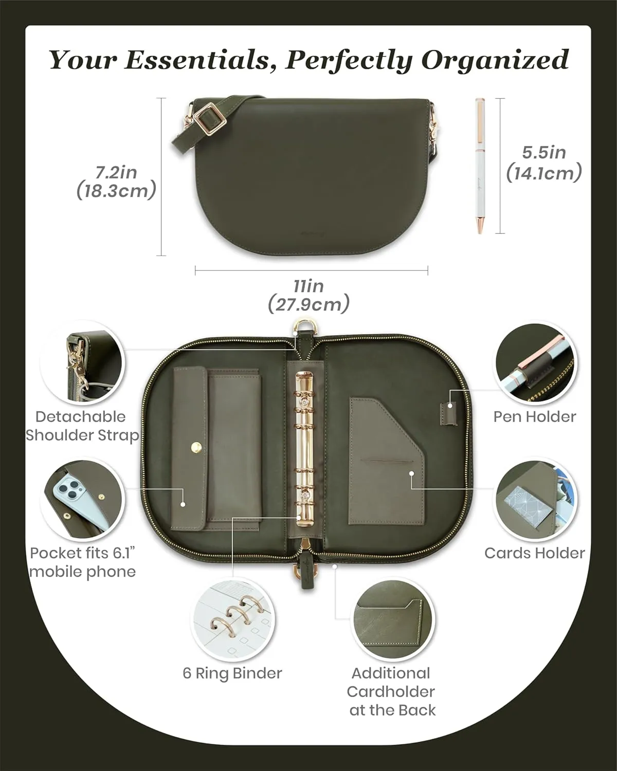 The Luna 4.9" x 7.4" Luxury Leather Journal with 48 Sheets Refill Paper and Metal Ballpoint Pen – A6 6-Ring Refillable Binder – Convertible Shoulder Bag – Birthday or Mother’s Day Gift