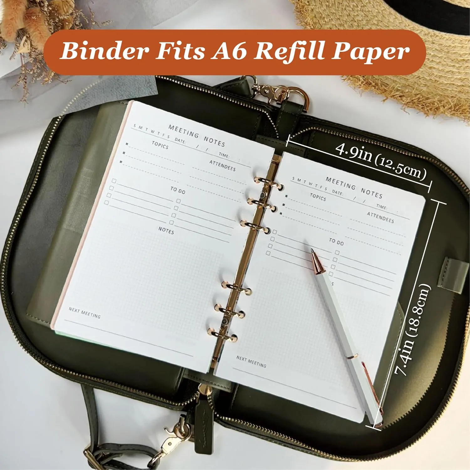 The Luna 4.9" x 7.4" Luxury Leather Journal with 48 Sheets Refill Paper and Metal Ballpoint Pen – A6 6-Ring Refillable Binder – Convertible Shoulder Bag – Birthday or Mother’s Day Gift