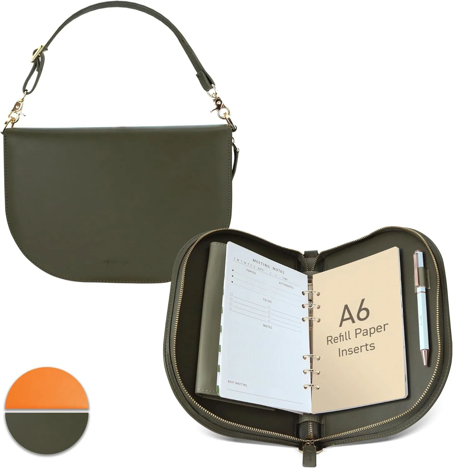 The Luna 4.9" x 7.4" Luxury Leather Journal with 48 Sheets Refill Paper and Metal Ballpoint Pen – A6 6-Ring Refillable Binder – Convertible Shoulder Bag – Birthday or Mother’s Day Gift