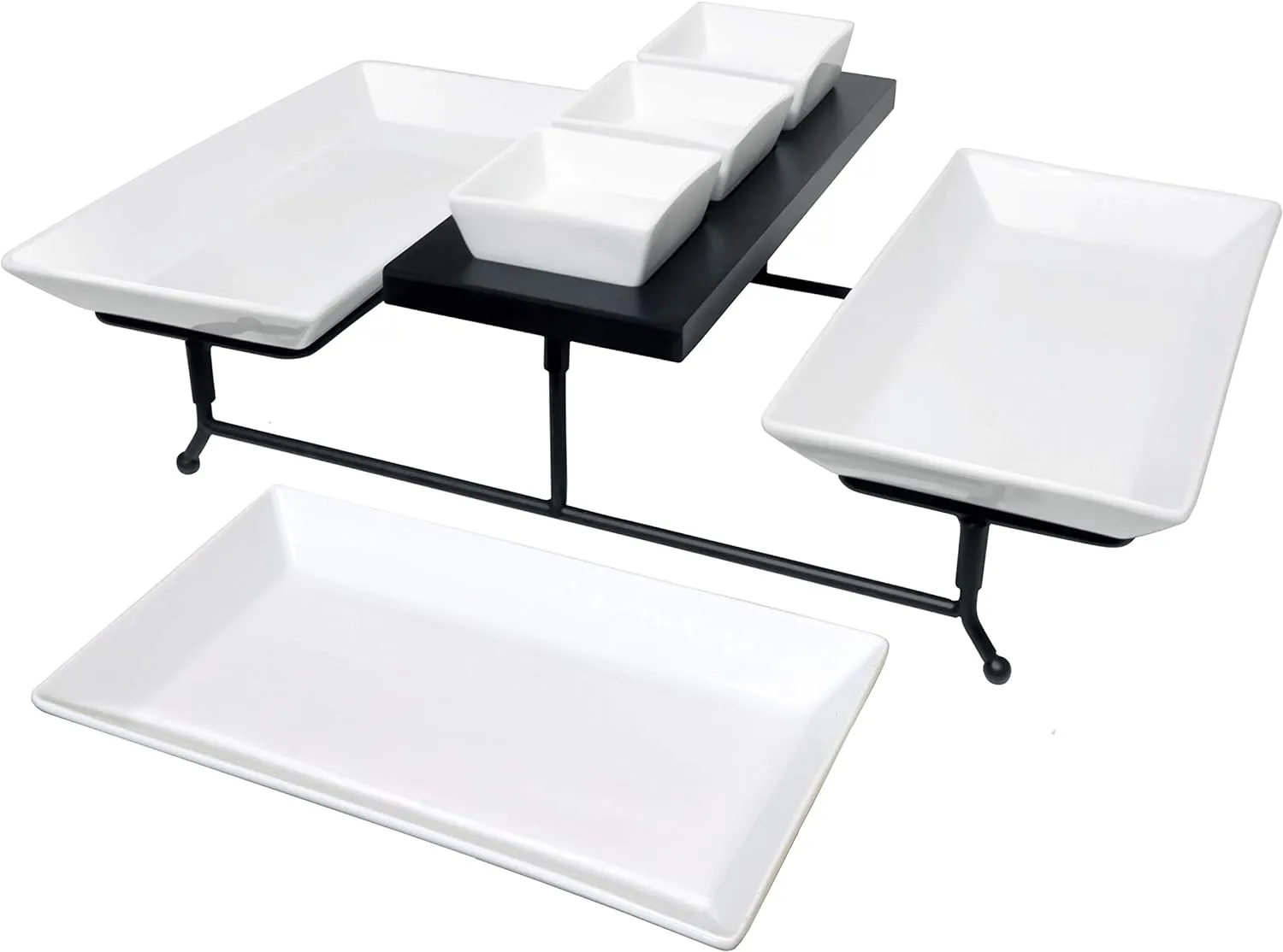 The Most Versatile 3 Tier Serving Tray. Collapsible Metal Stand with 3 Plates & 3 Bowls on Black Wood Base. Tiered Tray Party Food Server Display for appetizers, Cupcakes, Fruit, Cheese, Desserts.
