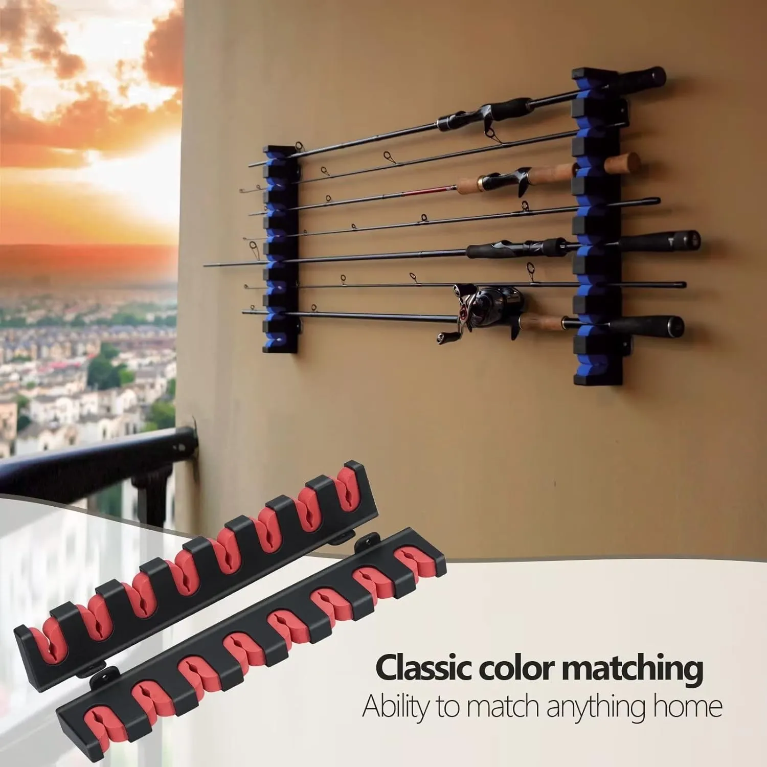 THKFISH Fishing Rod Rack Store 8 Fishing Rod Holders Rod Rack Wall Mount Horizontal Fishing Pole Holders for Garage Room, Boats Store 8 Fishing Rod Combos,1pair blue