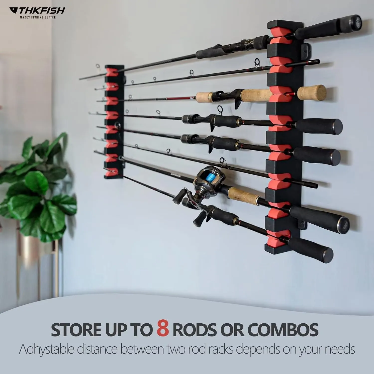 THKFISH Fishing Rod Rack Store 8 Fishing Rod Holders Rod Rack Wall Mount Horizontal Fishing Pole Holders for Garage Room, Boats Store 8 Fishing Rod Combos,1pair blue