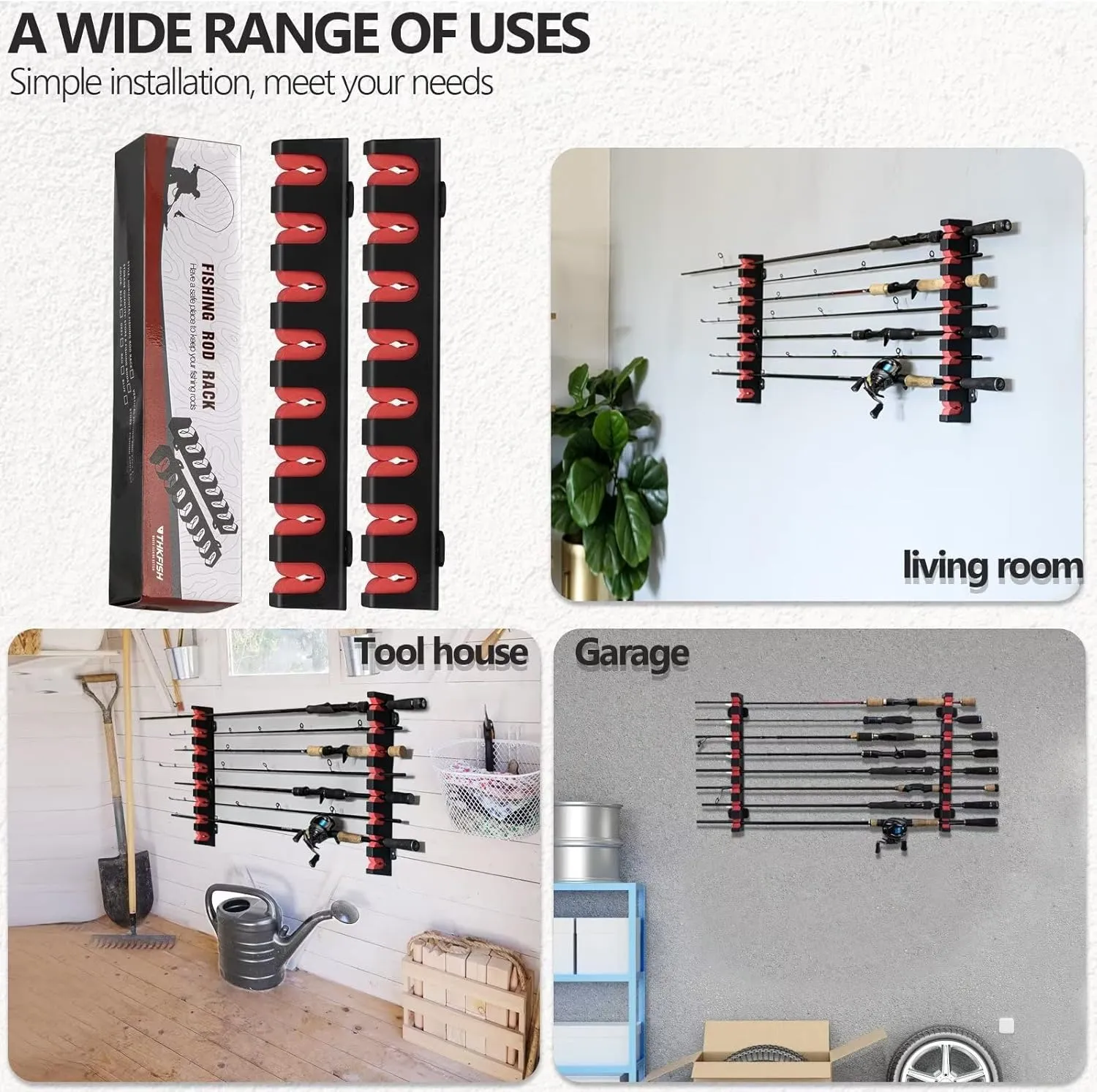 THKFISH Fishing Rod Rack Store 8 Fishing Rod Holders Rod Rack Wall Mount Horizontal Fishing Pole Holders for Garage Room, Boats Store 8 Fishing Rod Combos,1pair blue