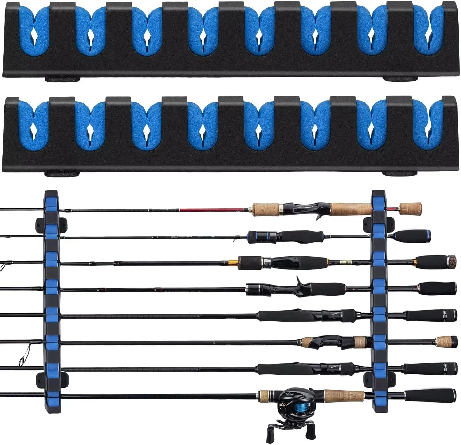 THKFISH Fishing Rod Rack Store 8 Fishing Rod Holders Rod Rack Wall Mount Horizontal Fishing Pole Holders for Garage Room, Boats Store 8 Fishing Rod Combos,1pair blue