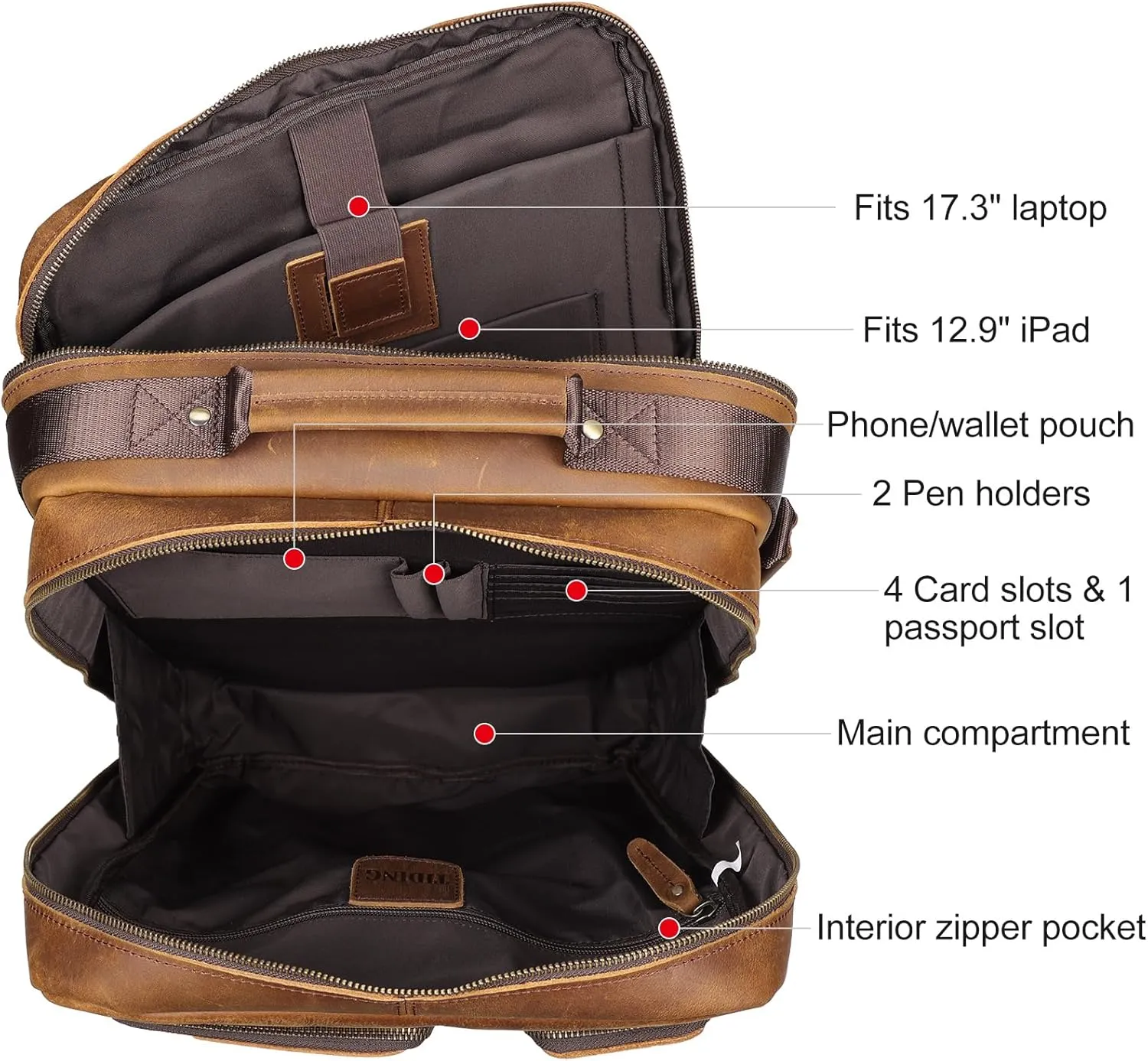 TIDING 17.3 Inch Full Grain Leather Laptop Backpack for Men Multi Pockets Casual Daypack Travel Rucksack