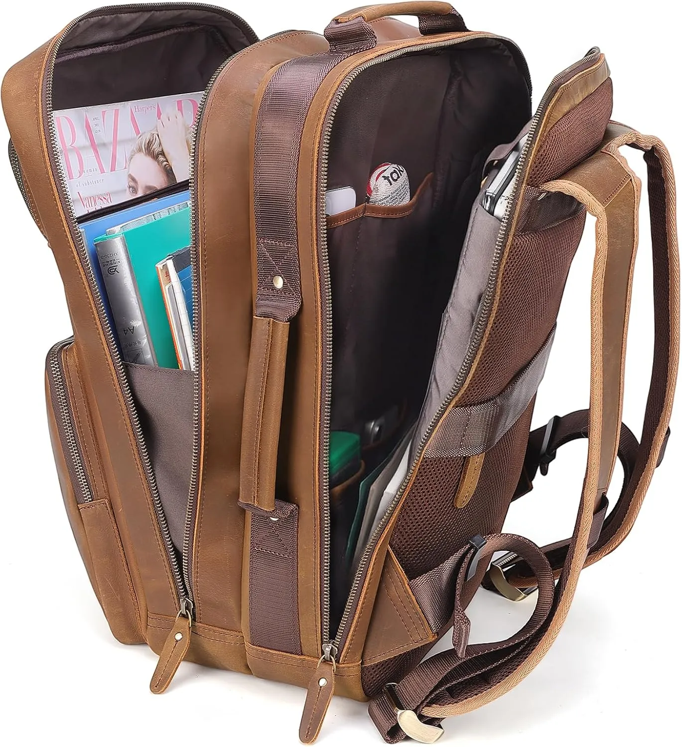 TIDING 17.3 Inch Full Grain Leather Laptop Backpack for Men Multi Pockets Casual Daypack Travel Rucksack