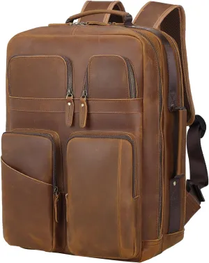 TIDING 17.3 Inch Full Grain Leather Laptop Backpack for Men Multi Pockets Casual Daypack Travel Rucksack