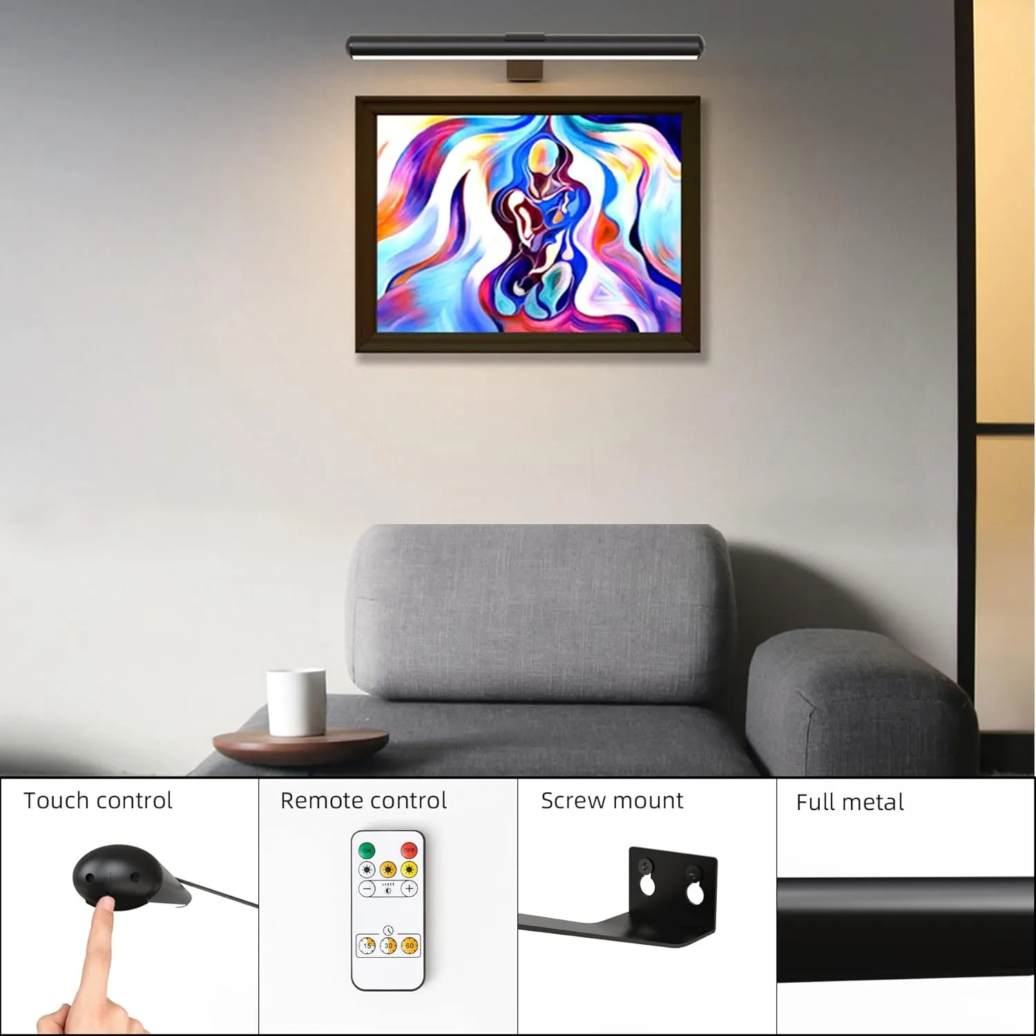 TINTINDOC 16inch Picture Light with Remote,Rechargeable Battery Painting Light for Art Full Metal, Dimmable Timer Led Accent Light for Painting Gallery Dartboard Portrait Indoor on Wall