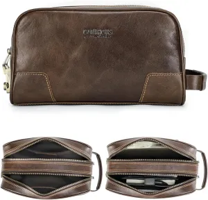 Top Grain Genuine Leather Travel Organizer Clutch Bag, Handmade Retro Vintage Design, 3 Zipper Pockets & Combination Locks, Portable Storage Bag for Phone/Cable/Charger/Notebook/Cash/Cosmetic, Coffee
