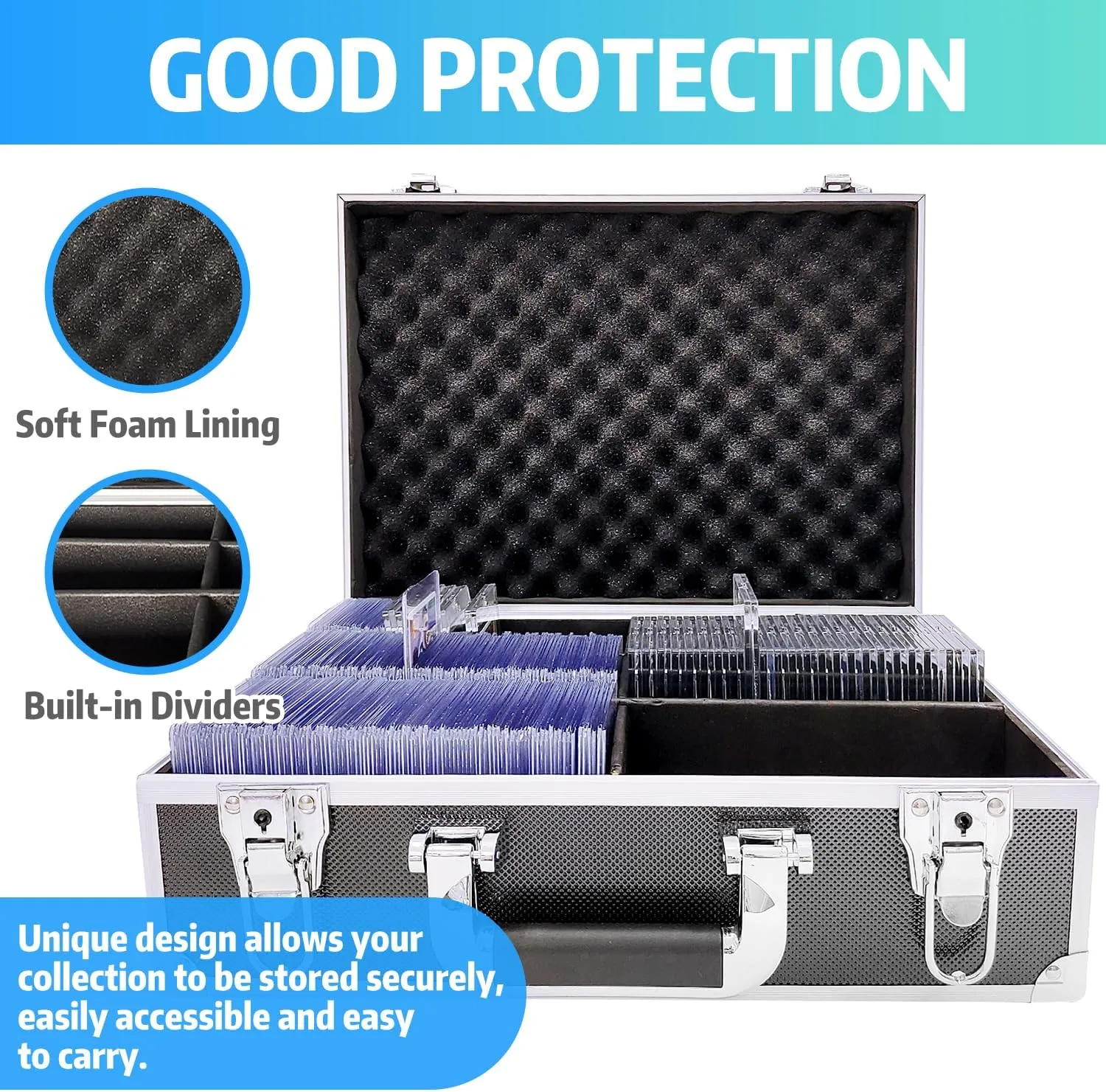 Toploaders Storage Box Hold 600  35PT 3"x4" Standard Toploaders, Hard Aluminum Alloy Top Loader Storage Case, Trading Card Storage Box Hold 2000  Cards for Trading Sports Cards (Black&Silver)