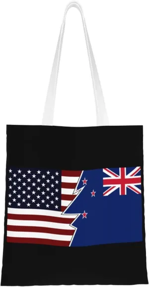 Torn Style American And New Zealand Flags Tote Bag for Women Canvas Shopping Bags Reusable Large Capacity Casual Shoulder Handbags Grocery Bags DIY Gift Bags